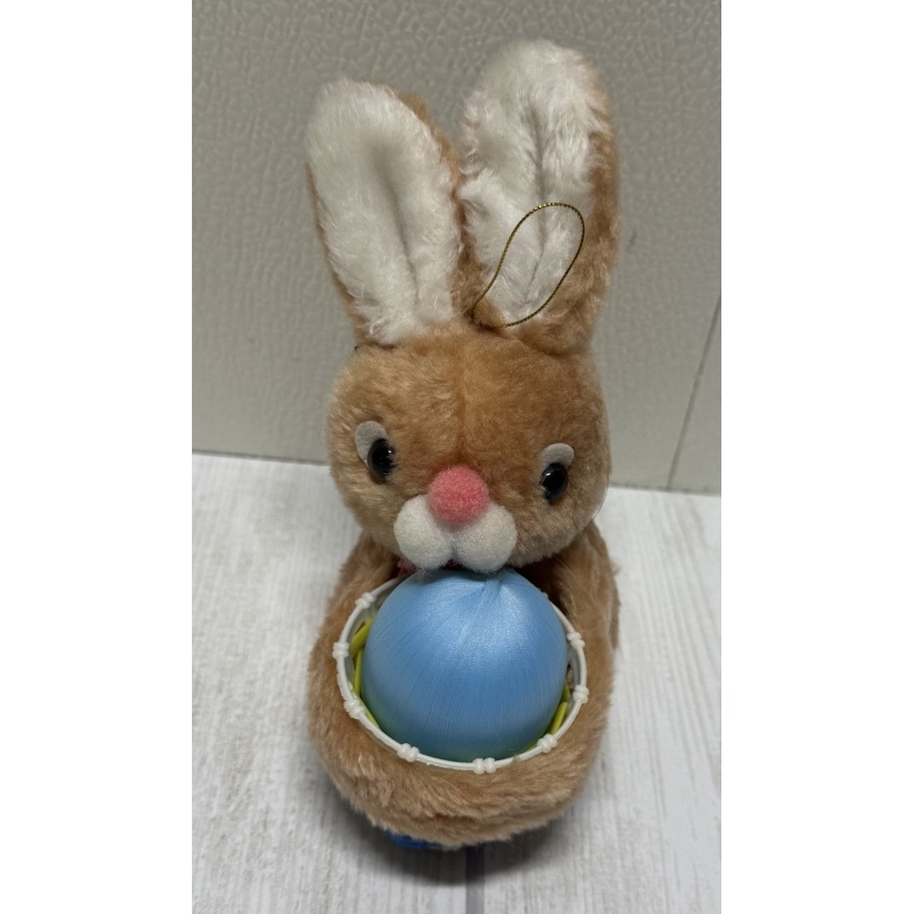 Vintage Bunny Rabbit Plush Brown w Basket Satin Blue Egg 7" Easter Pets